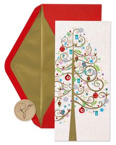 a christmas card with a tree on it and a gold coin in the corner next to it