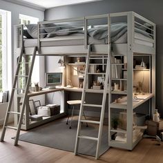 a loft bed with desk underneath and ladder to the upper level, in front of a window