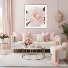 a living room decorated in pink and white