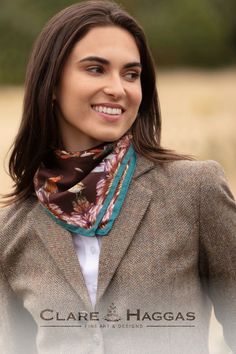 The Clare Haggas 'Grouse Misconduct' silk scarf collection is perfect for any country loving girl, available in classic autumnal colours, and perfect to pair with tweed. Neck Scarf Tying, Brown Teal, Small Scarf