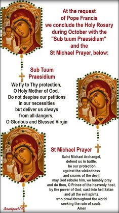 an image of the virgin mary and jesus with words above it that read, st michael prayer