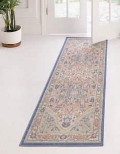 a large rug is on the floor in front of a door and potted plant