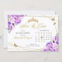 save the date card with purple flowers and gold foil on it, in front of a white background