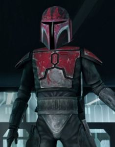 a star wars character standing in front of a dark background