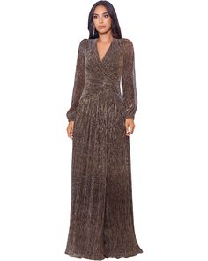 XSCAPE Long Sleeve Metallic V-Front Dress | Zappos.com Metallic Knit Dress, Metallic Gown, Xscape Dresses, Evening Dress Collection, Flowing Skirt, Review Dresses, Flowy Skirt, Evening Dresses Long, Formal Evening Dresses