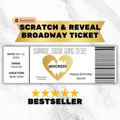 a ticket with the words scratch & reveal broadway ticket on it, and three stars