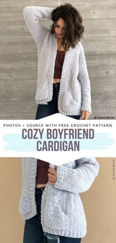 the cozy boyfriend cardigan is knitted with free crochet pattern