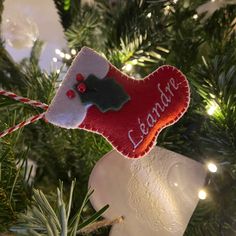 an ornament hanging from a christmas tree