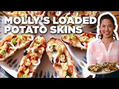 a woman holding a plate with pizza on it and the words moly's loaded potato skins