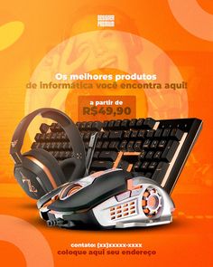 a computer keyboard, mouse and headphones on an orange background