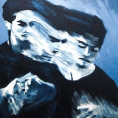 a painting of two people standing next to each other with their eyes closed and one person holding something in his hand