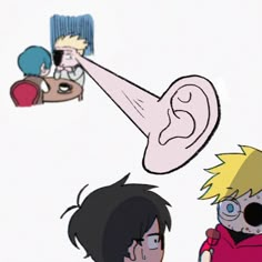 two cartoon characters with ear phones in front of them, one is talking to the other