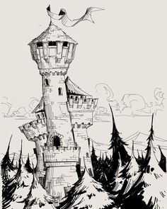 a black and white drawing of a tower in the mountains