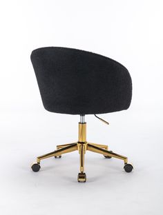 a black and gold office chair with wheels on the back, against a white background