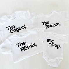 The very popular matching t-shirt set. The Original The Remix The Encore® Includes the entire family for a set of 5 + shirts. Mama and boys can twin or Dad and his Girls, even cousins or siblings can join in on the matching. Tees can be customized for your family generations photo, announcement or hospital outfit home with new baby, or fun family vacations. This set has been known to go viral so be prepared for many compliments online or when you wear at special events! HOW TO PURCHASE:  **Selec Family Shirts Matching Photo Ideas, Family Tshirt Ideas Matching Shirts, Fun Family Vacations, Family Generations, Baby Hospital Outfit, Family Vacation Tshirts, Matching Family T Shirts, Generation Photo, Family Matching Shirts