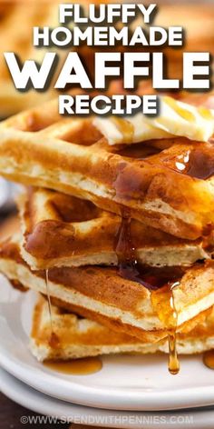 fluffy homemade waffle recipe on a white plate with syrup drizzled over the top