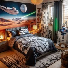 a star wars themed bedroom is shown in this image, with the lights turned on