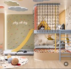 a child's bedroom with a slide and climbing wall