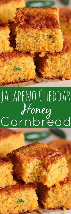 several pieces of cornbread sitting on top of a white plate with green lettering that says jalapeno cheddar honey