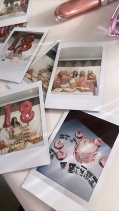 four polaroid frames with pink frosting and photos of women in white dresses sitting on a table