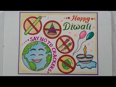 a happy diwali card with images of earth, balloons, and other things