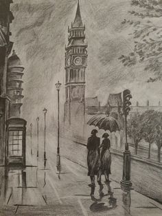 a drawing of two people walking down the street in the rain with an umbrella over their heads