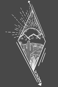 a black and white drawing of a desert scene with cactus trees, mountains and sun rays