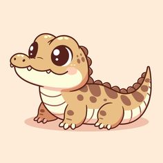 a cute little alligator with big eyes and brown spots on it's body, sitting down