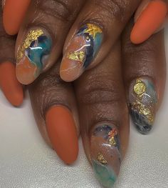 Nails Space, Foil Nail Designs, Sophisticated Nails, Shiny Nails Designs, Orange Nail Designs, Cute Acrylic Nail Designs, Short Nail Designs, Orange Nails, Bridal Nails