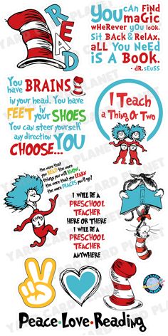 the dr seuss book stickers are shown in blue, red and green colors