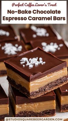 no - bake chocolate espresso caramel bars stacked on top of each other