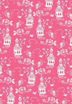 a pink wallpaper with white birds and buildings on it's sides, in the middle