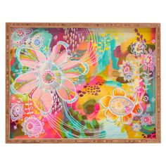 an abstract painting with flowers and swirls