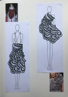 two drawings of women's dresses on white paper with black and grey lines in them