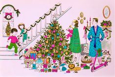 a christmas tree is decorated with children and presents in front of the stairs, which are also decorated with toys