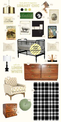 a collage of furniture and decor items including a baby crib, dresser, chair, lamp, rugs