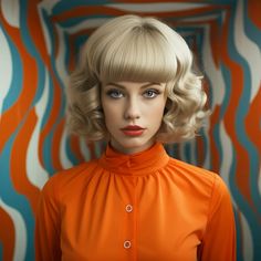 a woman with blonde hair wearing an orange shirt and blue eyes stands in front of a colorful background