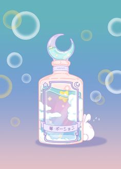 a bottle with bubbles floating around it on a blue and pink background that says seven star san