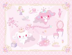 a pink wallpaper with various items on it