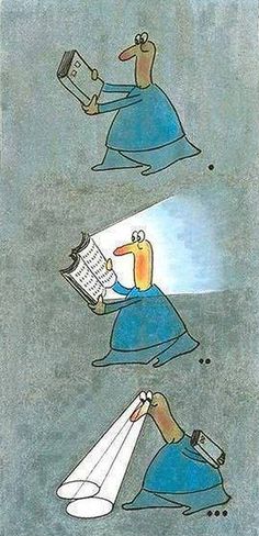 two cartoon images with one reading a book and the other holding a flashlight