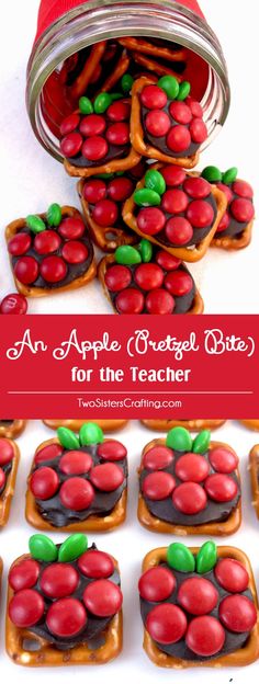 an apple pretzel bite for the teacher is shown in front of some pretzels