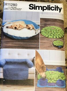 a magazine with pictures of dogs sleeping on the couches and rugs in front of them