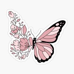 a pink and black butterfly with flowers on it's wings sticker is shown