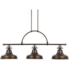 three lights hanging from the ceiling in an old fashioned light fixture with metal fittings