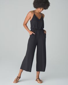 Why you’ll love it: Soft jersey knit and an effortless fit combine for one easy slip-on jumpsuit with support built in.  Details Medium support: under-bust support with removable cups for custom coverage. V-neck. Adjustable racerback spaghetti straps. Ruching at back straps. 95% rayon, 5% spandex. Machine wash. Imported. Inseam 22 3/4" Online Exclusive. Casual Black Seamless Jumpsuits And Rompers, Casual Stretch Jumpsuits And Rompers With Adjustable Straps, Spaghetti Strap Jumpsuits For Loungewear, Loungewear Jumpsuits With Adjustable Spaghetti Straps, Loungewear Jumpsuits And Rompers With Spaghetti Straps, Summer Yoga Jumpsuits And Rompers With Built-in Bra, Summer Yoga Jumpsuit With Built-in Bra, Seamless Yoga Jumpsuit For Summer, Spring Seamless Jumpsuits And Rompers For Loungewear