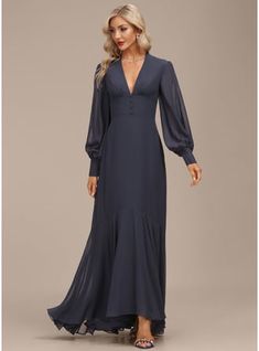 [US$ 129.00] A-line V-Neck Asymmetrical Chiffon Evening Dress With Ruffle  - JJ's House Mother Of The Bride Dresses Long, 파티 드레스, Mother Of Groom Dresses, Chiffon Dress Long, Chiffon Evening Dresses, Mob Dresses, Evening Dresses For Weddings, Bride Gowns, Asymmetrical Neckline