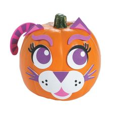 a pumpkin shaped like a cat with purple eyes