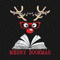 a reindeer reading a book with glasses on its head and the words merry books written in red