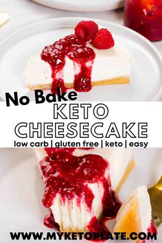 no bake keto cheesecake with raspberry sauce on the top and bottom