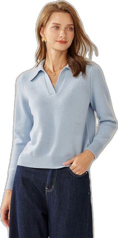 Classic Blue Cashmere Tops, Elegant Fine Knit Polo Sweater For Spring, Fitted Cashmere V-neck Sweater For Winter, Blue Fitted Cashmere Sweater, Fitted Blue Cashmere Sweater, Elegant Blue Fine Knit Sweater, Elegant Fine Knit Blue Sweater, Spring Wool V-neck Sweater With Long Sleeves, Spring Cashmere V-neck Long Sleeve Sweater